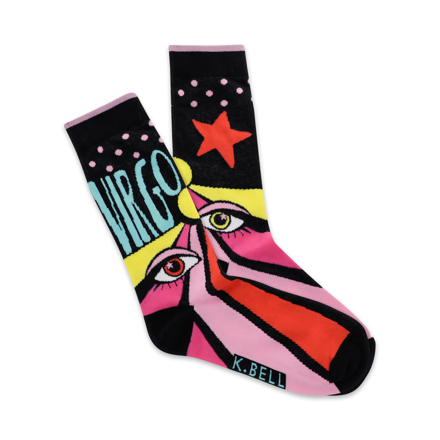 A pair of crew socks with a pop art design. Black background with pink, yellow, red and teal accents. Features the word 'Virgo' and a star.
