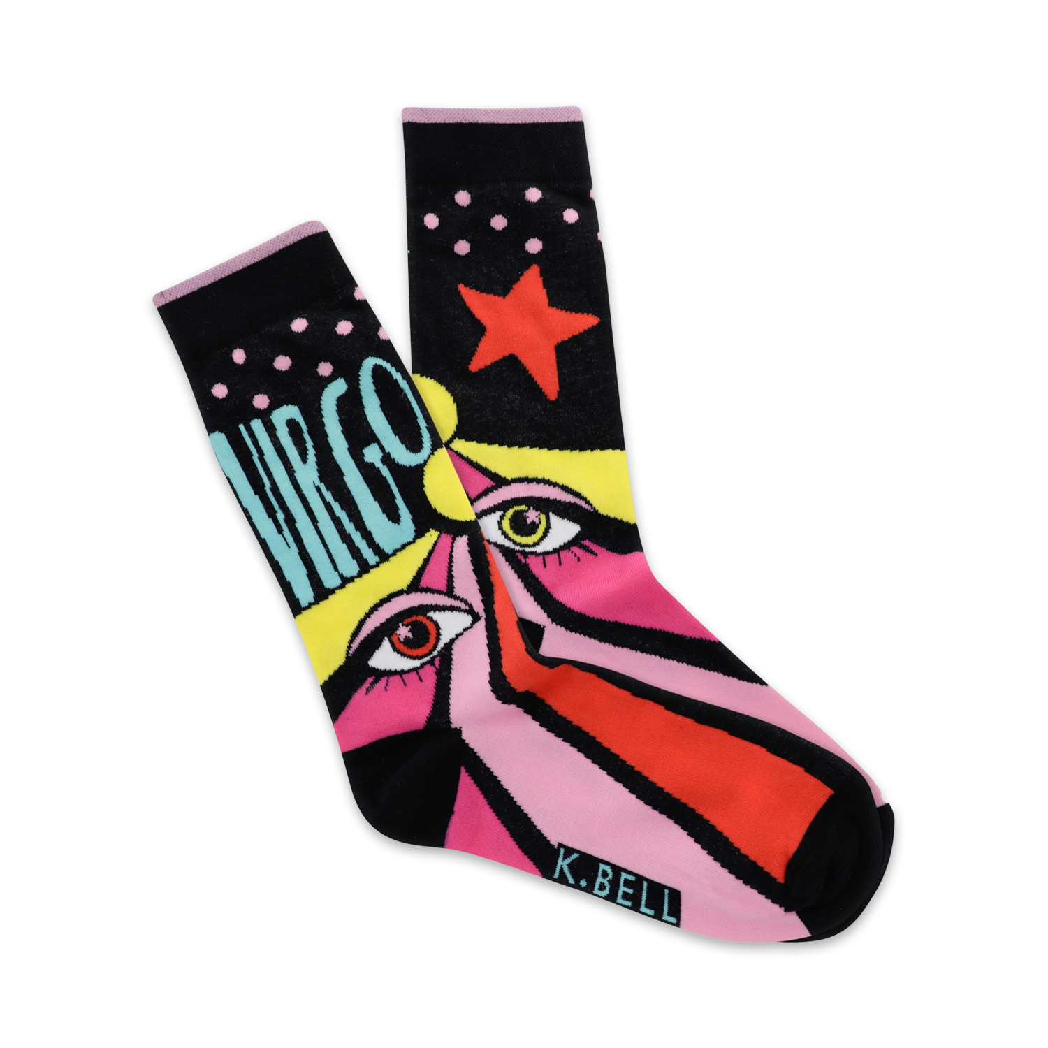 A pair of crew socks with a pop art design. Black background with pink, yellow, red and teal accents. Features the word 'Virgo' and a star.