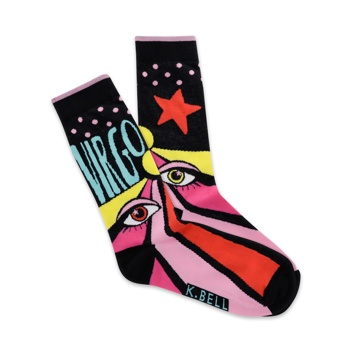 black women's crew socks with pink and blue virgo pattern.    }}