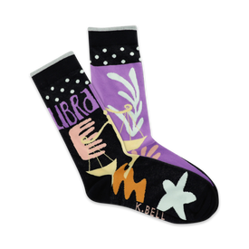 black crew socks with libra zodiac symbol, scales, flowers, and stars.   