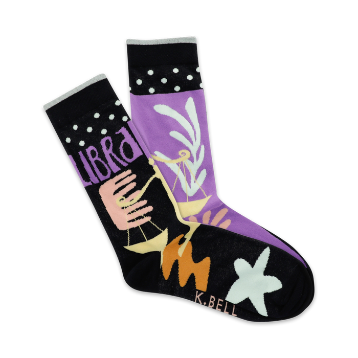 black crew socks with libra zodiac symbol, scales, flowers, and stars.    }}