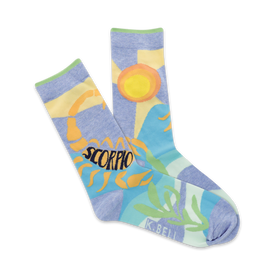 scorpio zodiac blue crew socks featuring scorpions, suns, and wave patterns.  