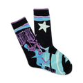 A pair of black crew socks with a teal, purple, and white Sagittarius design and a star. The brand K.BELL is visible on the sole.