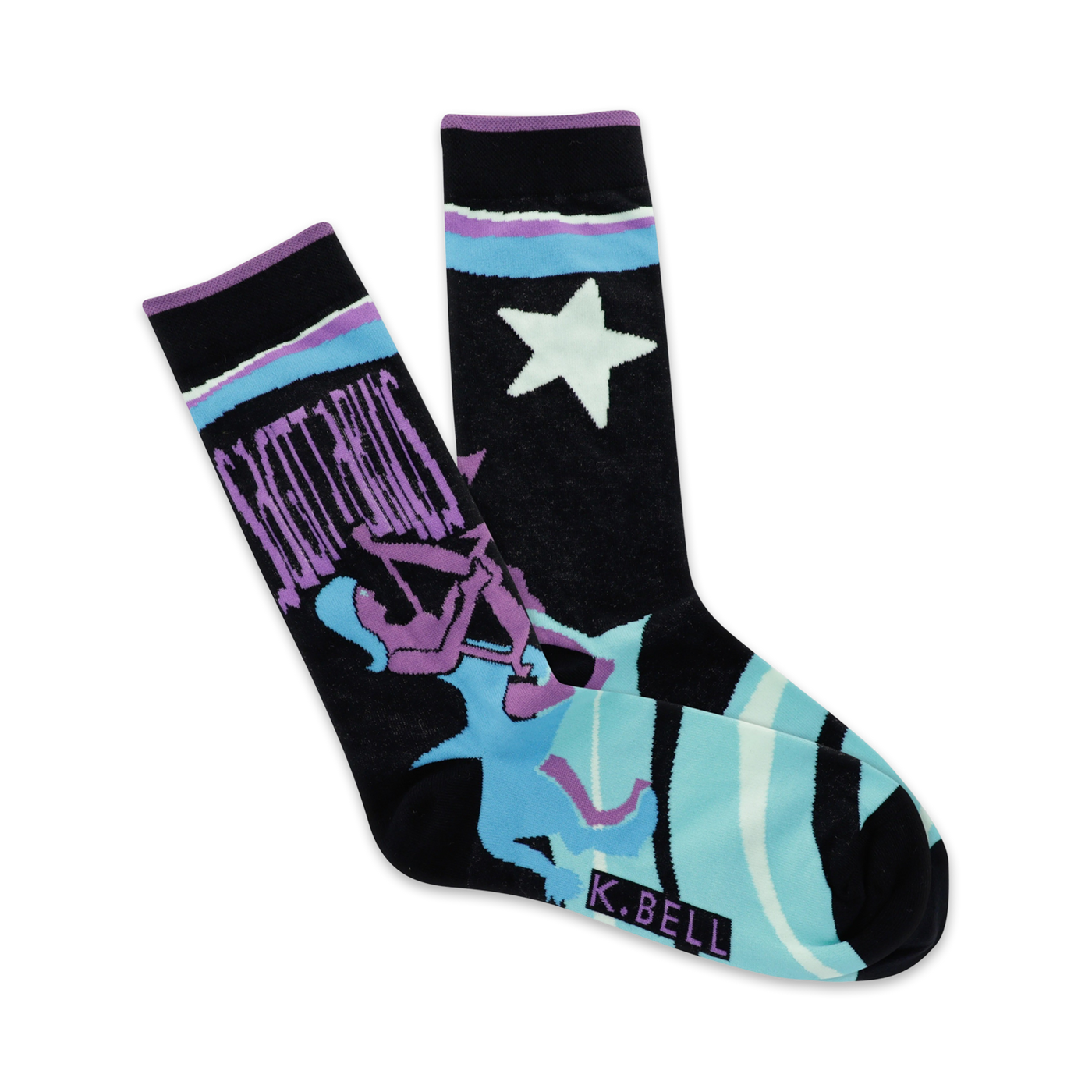 A pair of black crew socks with a teal, purple, and white Sagittarius design and a star. The brand K.BELL is visible on the sole.