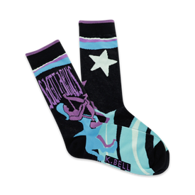 womens crew length black socks with blue toes, purple heels, and white stars. they feature a centaur archer and the word "sagittarius."   