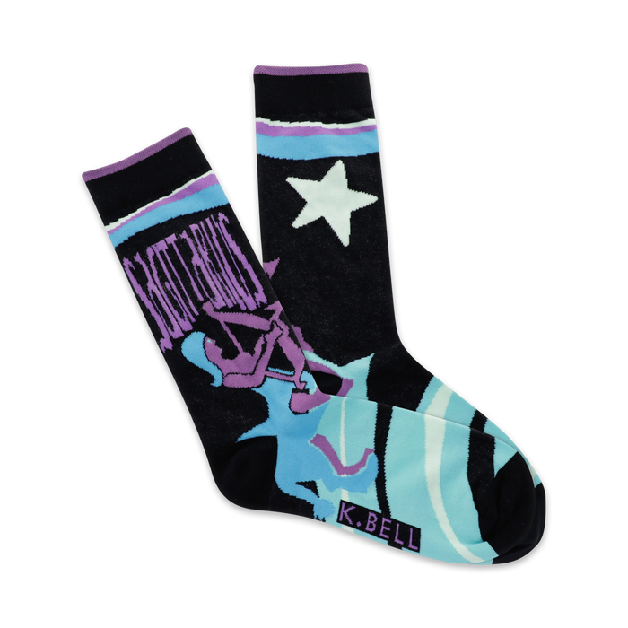 womens crew length black socks with blue toes, purple heels, and white stars. they feature a centaur archer and the word 