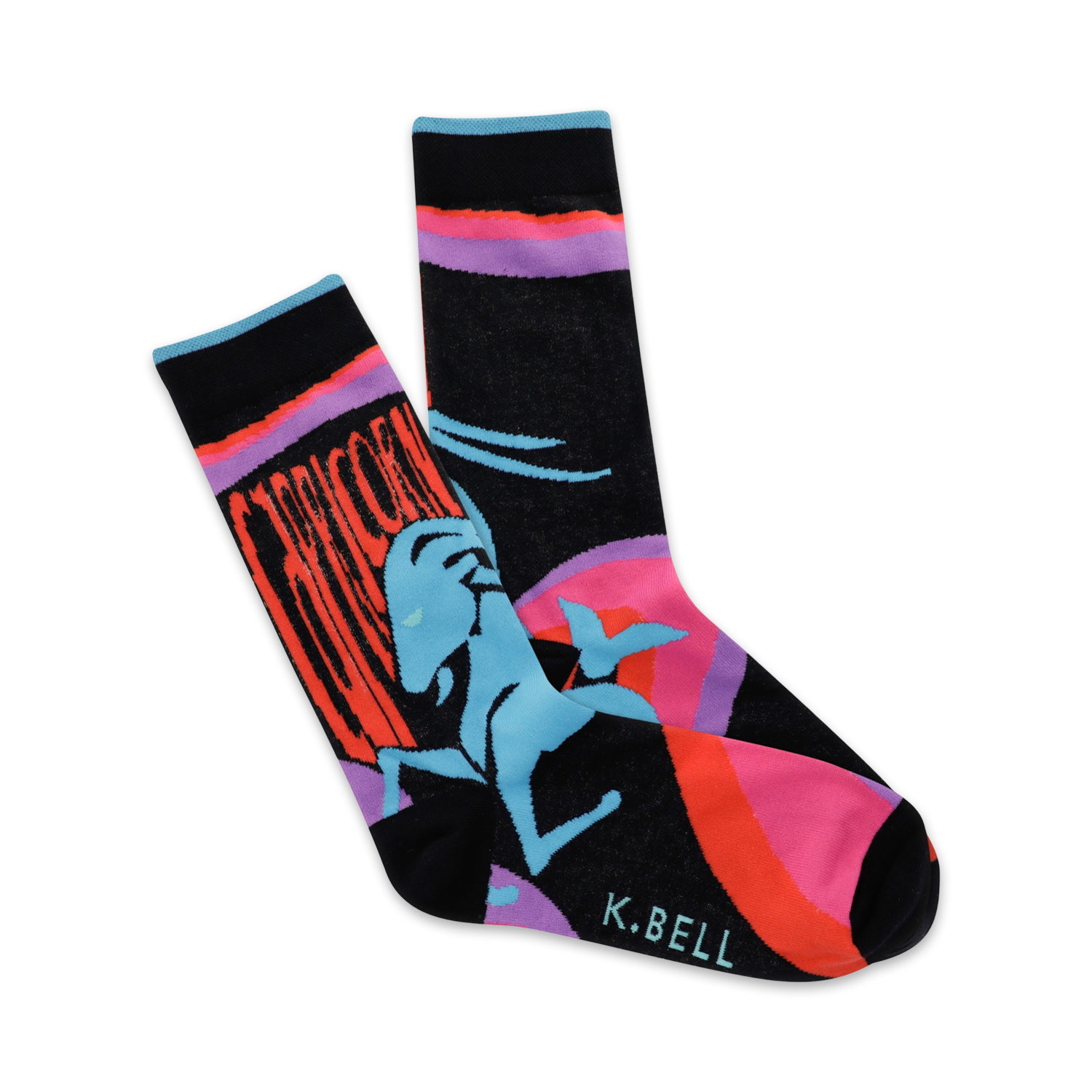 A pair of crew socks showcasing a stylized Capricorn in teal, against a black background with orange and pink accents.