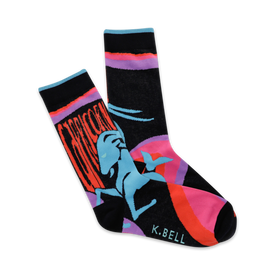 black crew socks with colorful capricorn zodiac sign pattern in pink, blue, and red geometric shapes.   