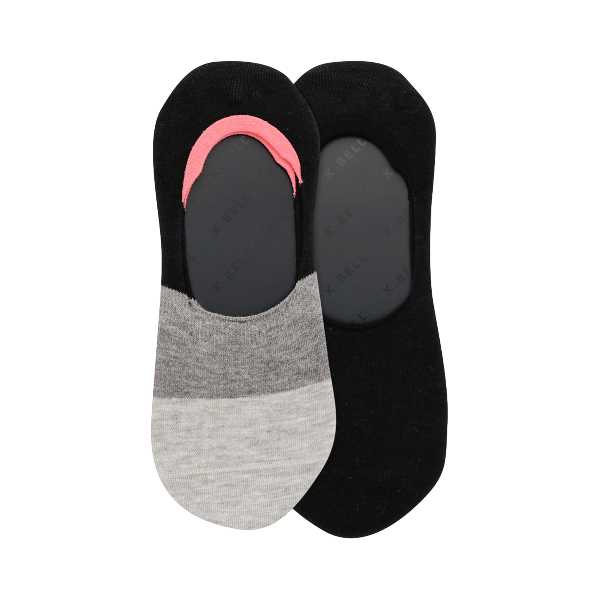 Pair of women's no-show socks. One black and grey with coral detail, the other is white and blue. Horizontal colorblock stripes.