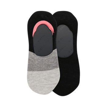 Pair of women's no-show socks. One black and grey with coral detail, the other is white and blue. Horizontal colorblock stripes.