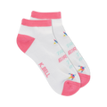 Pair of white no-show socks with pink accents. Features a repeating 'Talk Birdie' text pattern and small colorful bird icons.