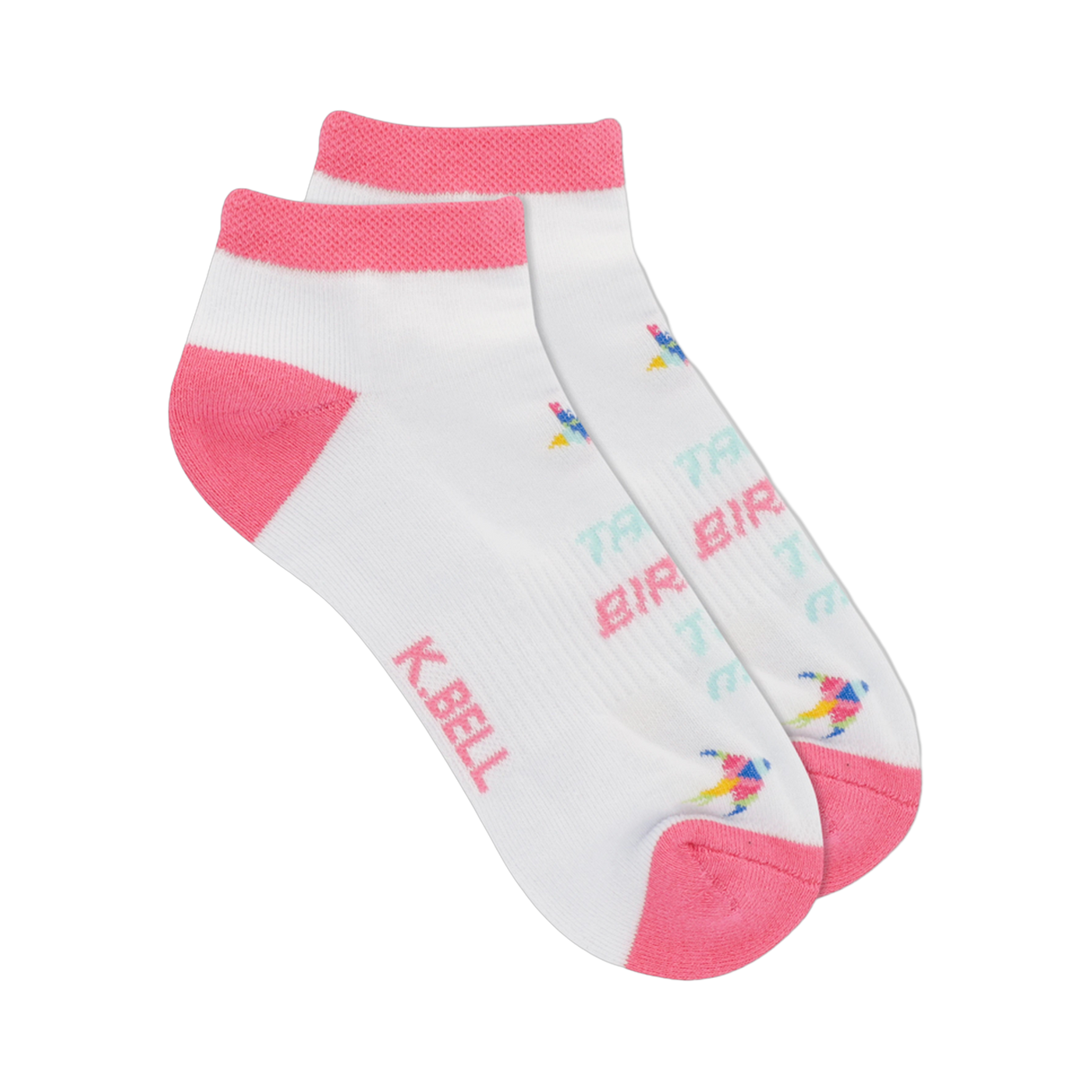 Pair of white no-show socks with pink accents. Features a repeating 'Talk Birdie' text pattern and small colorful bird icons.