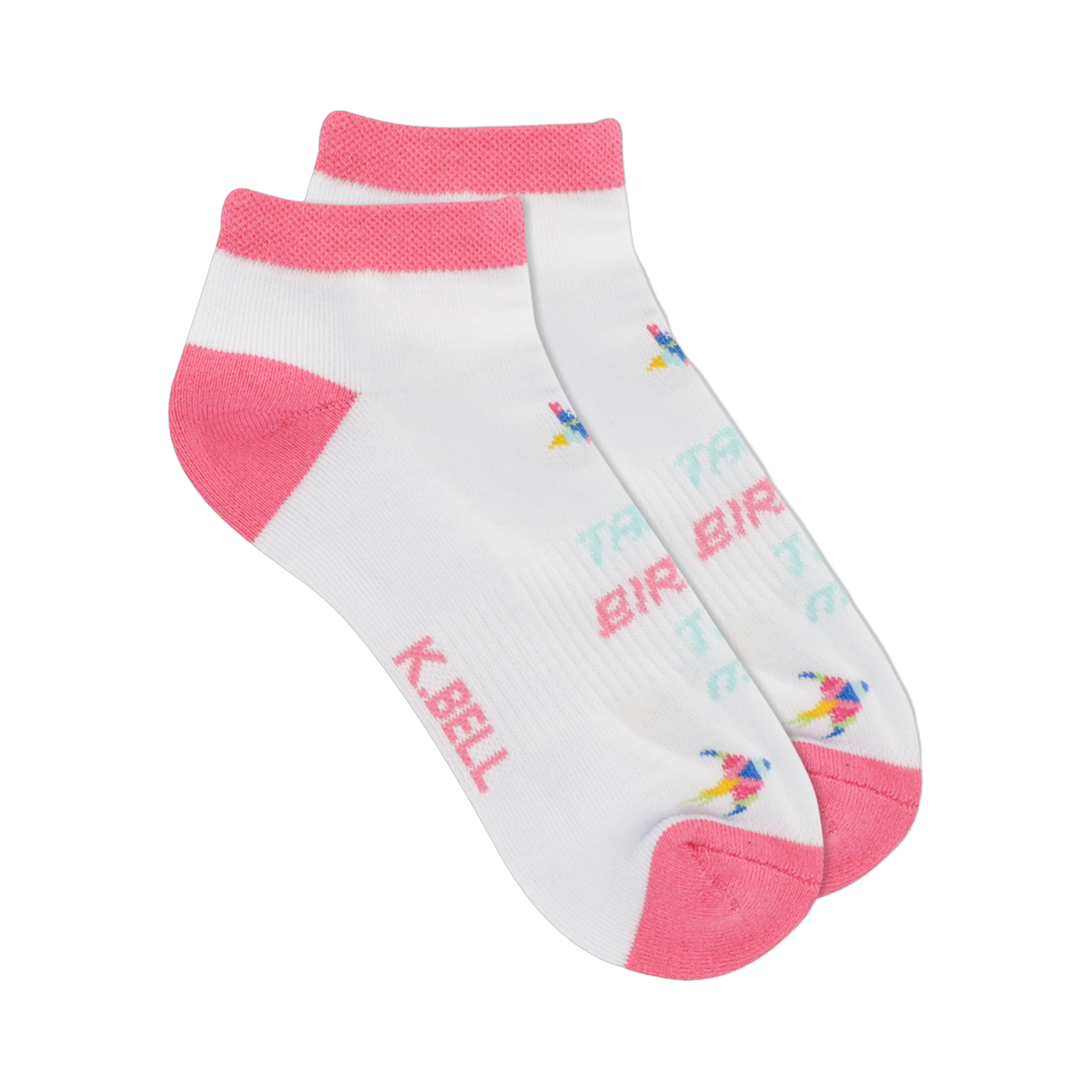 Pair of white no-show socks with pink accents. Features a repeating 'Talk Birdie' text pattern and small colorful bird icons.