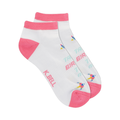 Pair of white no-show socks with pink accents. Features a repeating 'Talk Birdie' text pattern and small colorful bird icons.