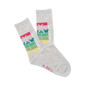 Pair of grey crew socks with a retro-style graphic. The design includes a palm tree and the word 'Beachy' in multicolored stripes.