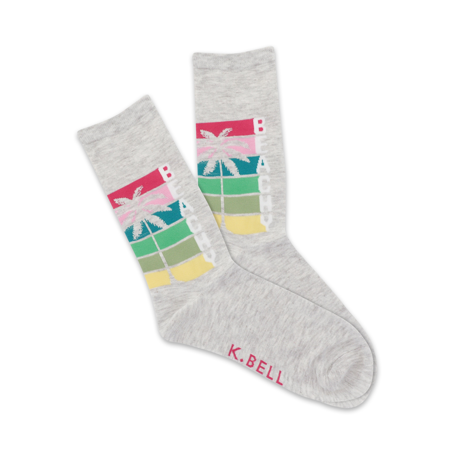Pair of grey crew socks with a retro-style graphic. The design includes a palm tree and the word 'Beachy' in multicolored stripes.