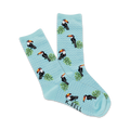 Pair of light blue crew socks with a repeating pattern of colorful toucans and tropical leaves.