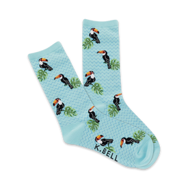 womens tropical blue toucan and palm leaf crew socks.   