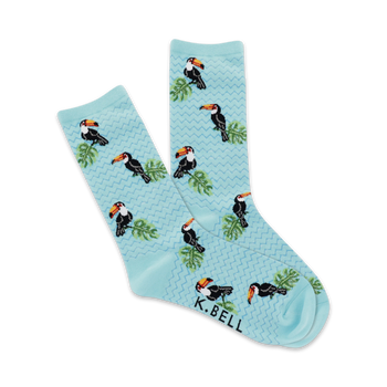 womens tropical blue toucan and palm leaf crew socks.   