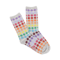 Pair of grey crew socks with rainbow polka dots. The dots are arranged in horizontal rows, creating a gradient effect.