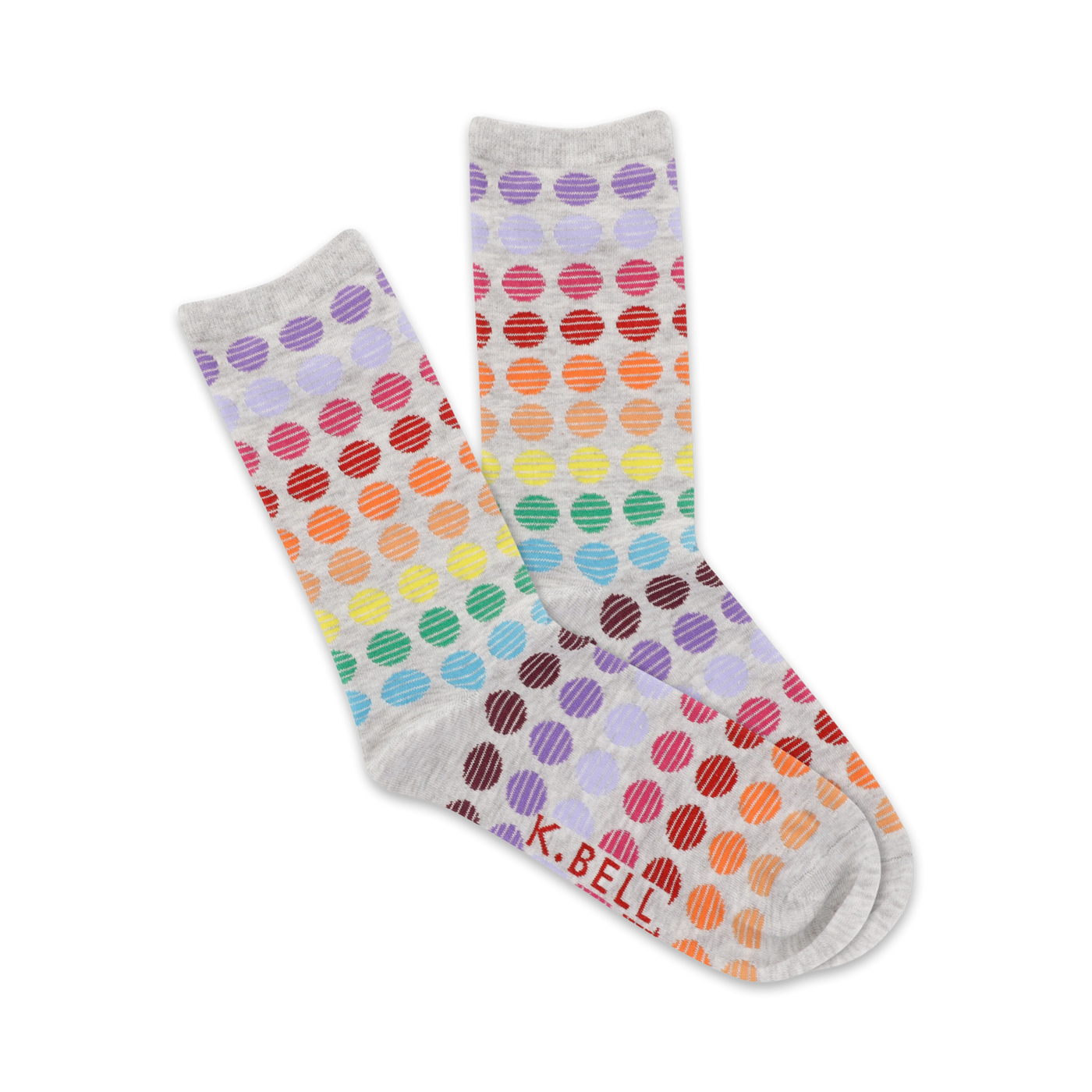 Pair of grey crew socks with rainbow polka dots. The dots are arranged in horizontal rows, creating a gradient effect.