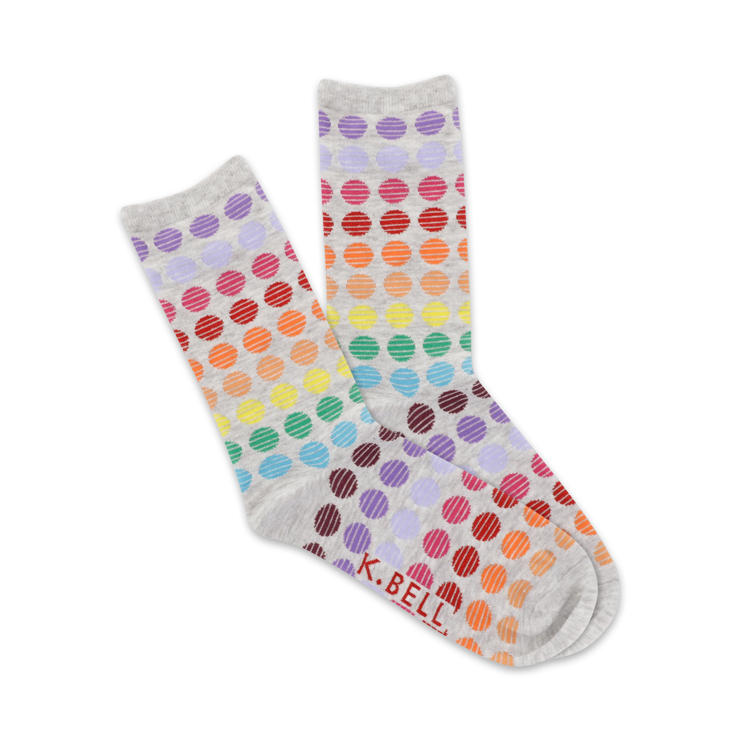 Pair of grey crew socks with rainbow polka dots. The dots are arranged in horizontal rows, creating a gradient effect.