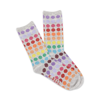 colorful circle polka-dot pattern printed on a gray background. womens' crew length sock.  