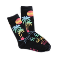 Pair of black crew socks with a colorful sunset, palm trees, and 'Go Away' text design. 