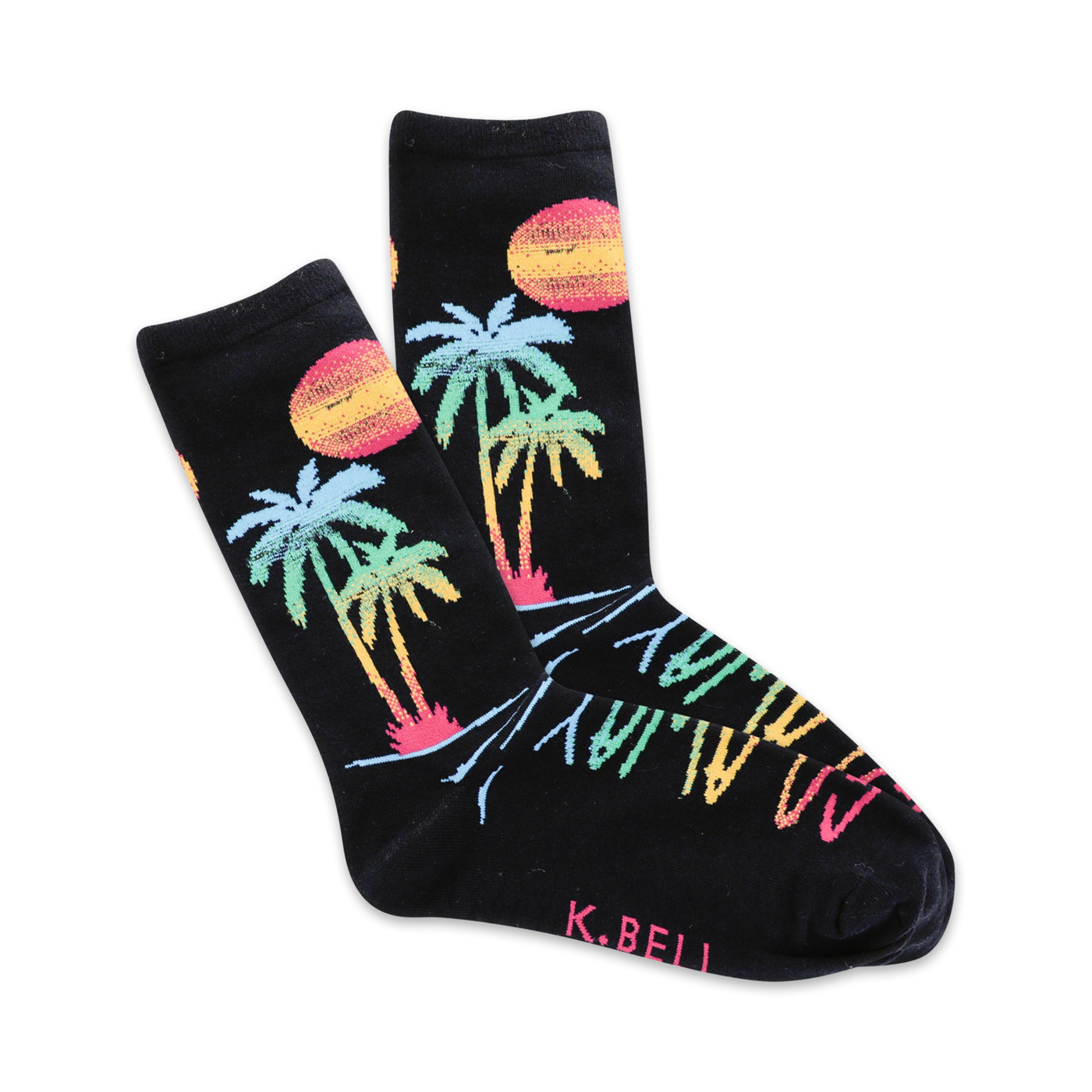 Pair of black crew socks with a colorful sunset, palm trees, and 'Go Away' text design. 