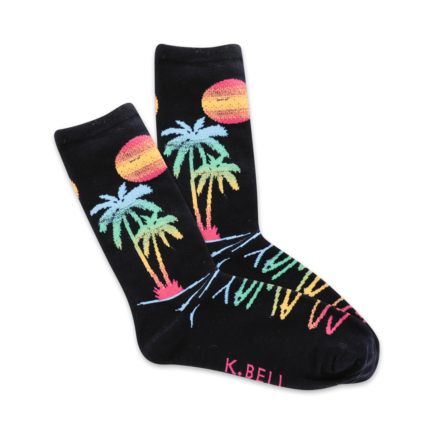 Pair of black crew socks with a colorful sunset, palm trees, and 'Go Away' text design. 