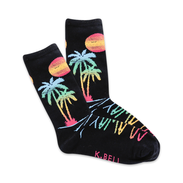 black crew socks for women featuring palm trees, sunset, and 'go away' text on bottom.    }}