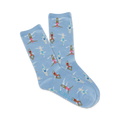 Pair of light blue crew socks with a pattern of retro swimmers in various swimsuits.