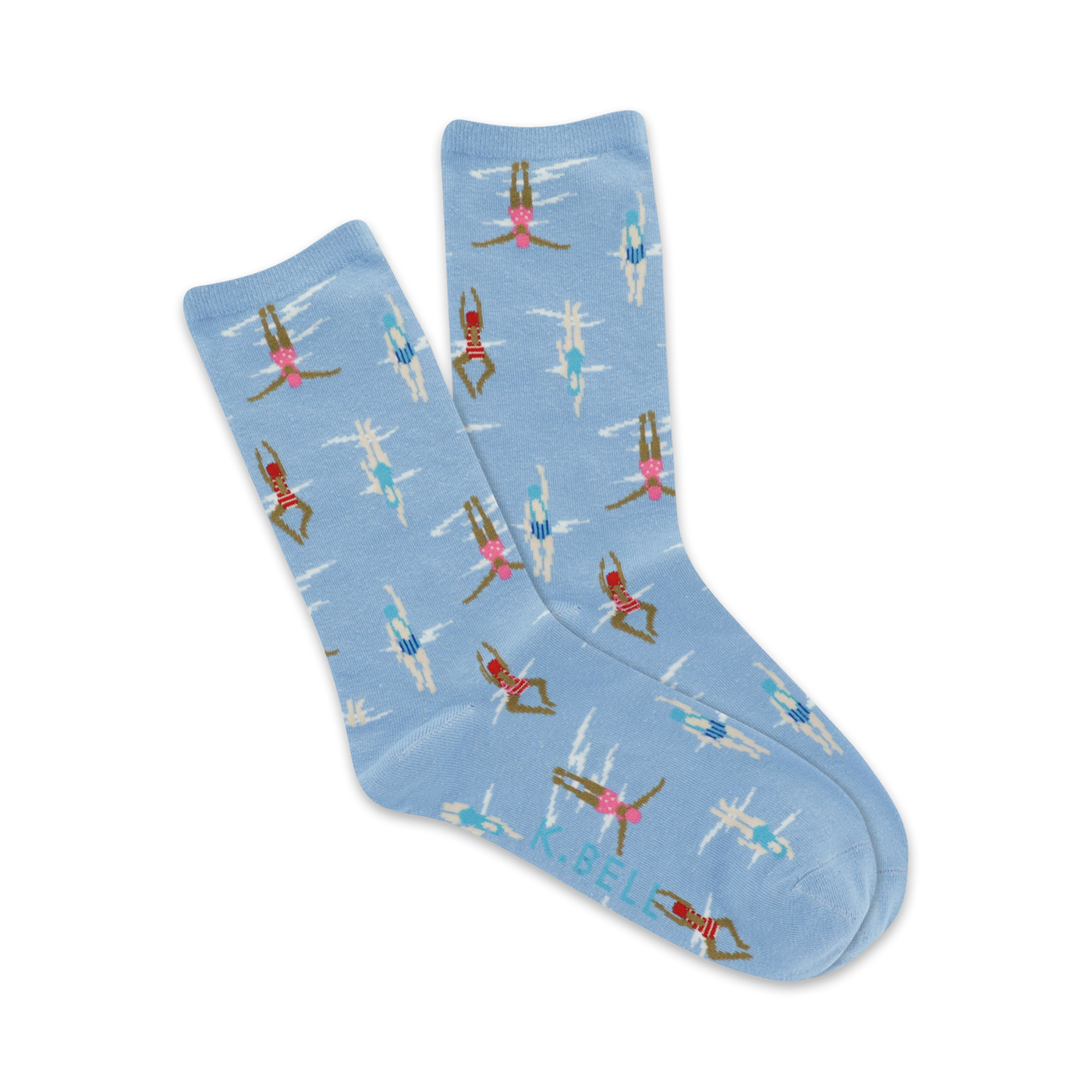 Pair of light blue crew socks with a pattern of retro swimmers in various swimsuits.