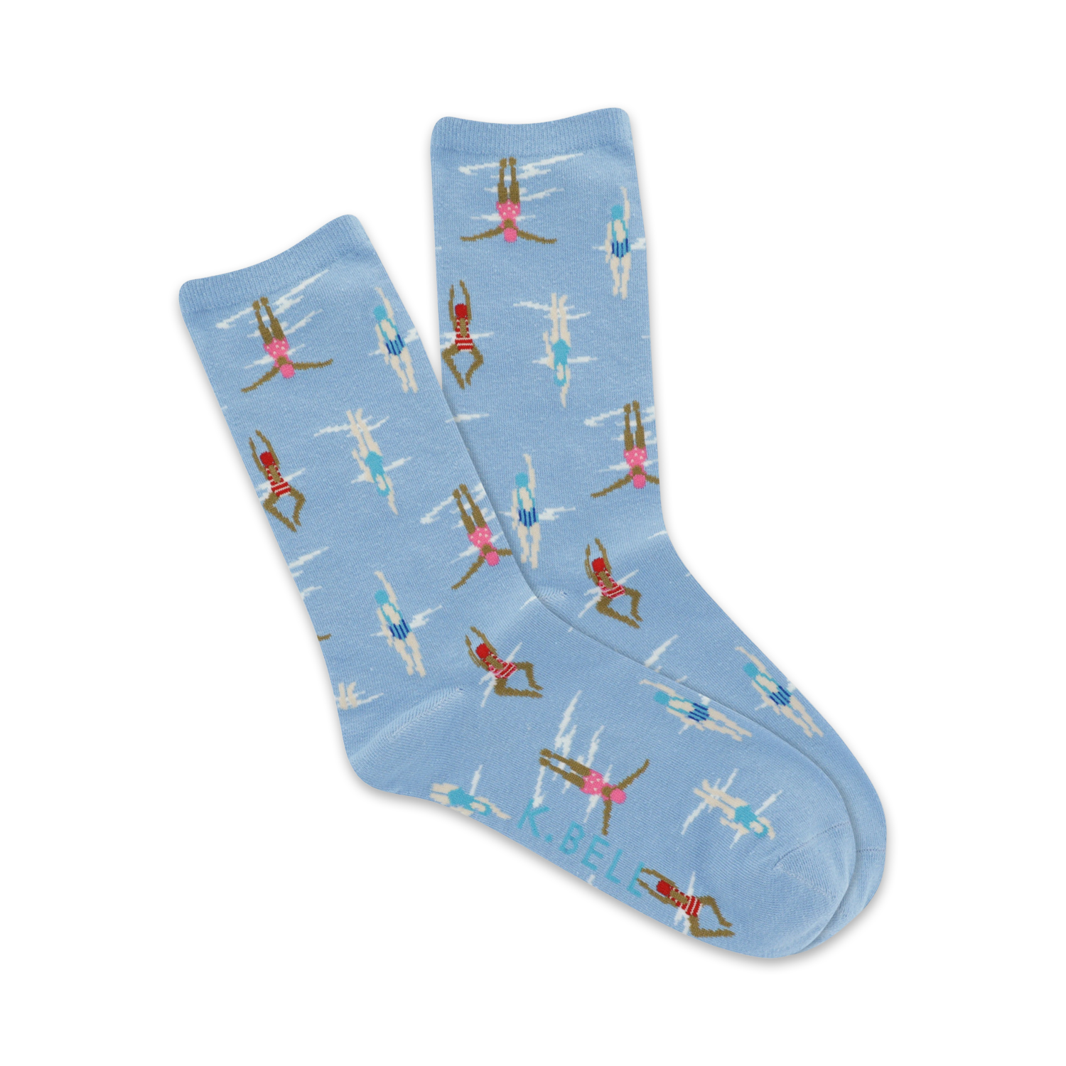 Pair of light blue crew socks with a pattern of retro swimmers in various swimsuits.