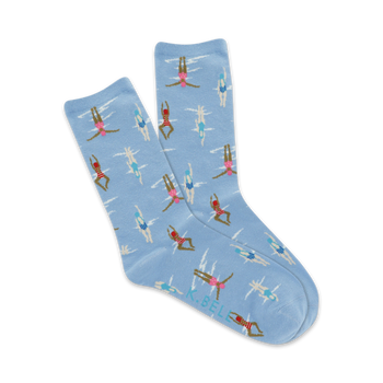 crew socks for women featuring a pattern of female swimmers in red and pink bathing suits.   