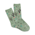 Pair of sage green crew socks featuring cacti, gardening tools, and small plants in a repeating pattern.