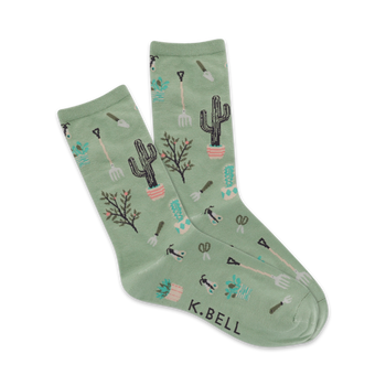 womens green crew socks with cacti and gardening tools pattern - garden ho themed - super comfy  