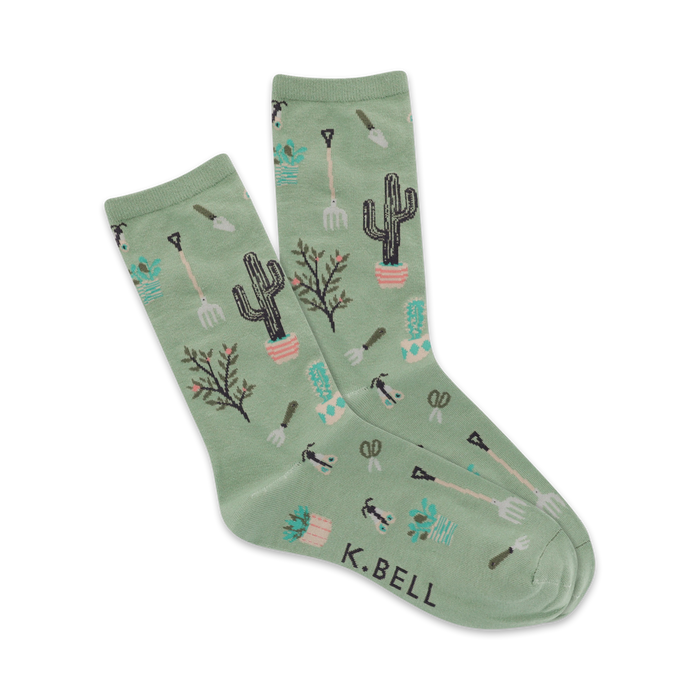 womens green crew socks with cacti and gardening tools pattern - garden ho themed - super comfy   }}
