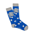 A pair of blue crew socks with a grey cuff.  They feature white toilet paper roll graphics and the text 'I survived the toilet paper apocalypse'.