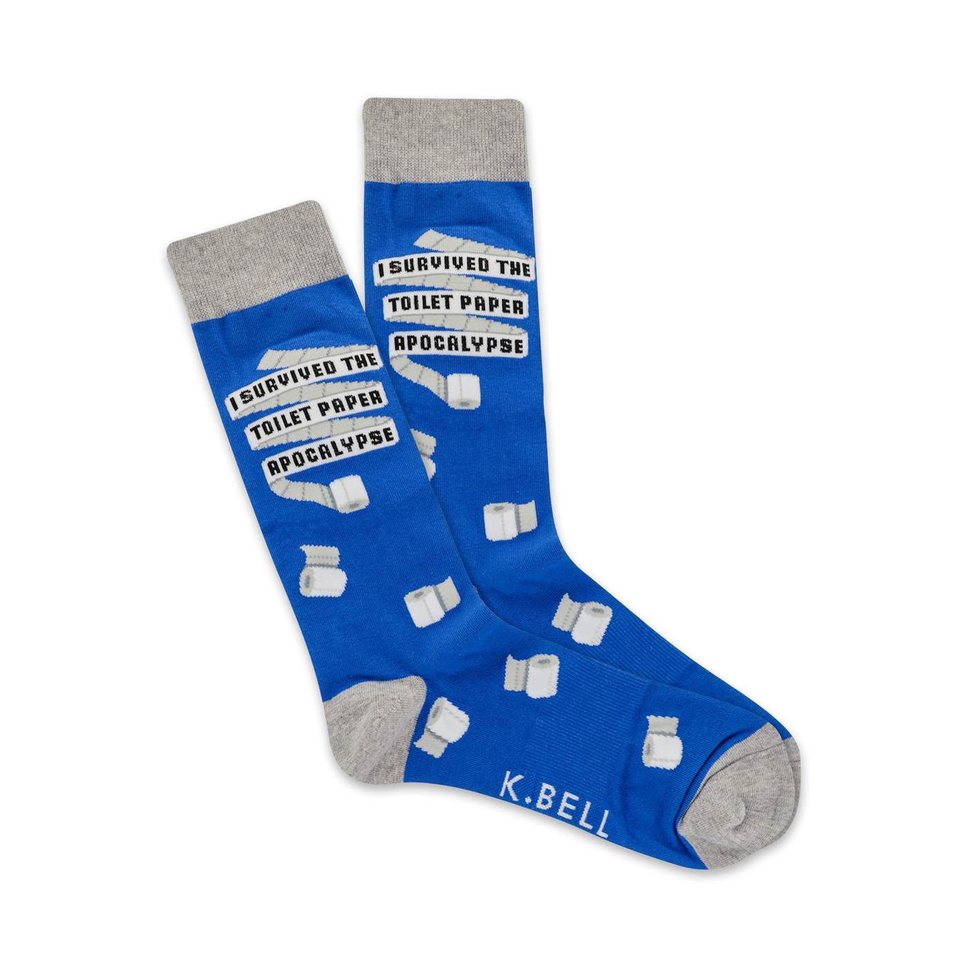A pair of blue crew socks with a grey cuff.  They feature white toilet paper roll graphics and the text 'I survived the toilet paper apocalypse'.