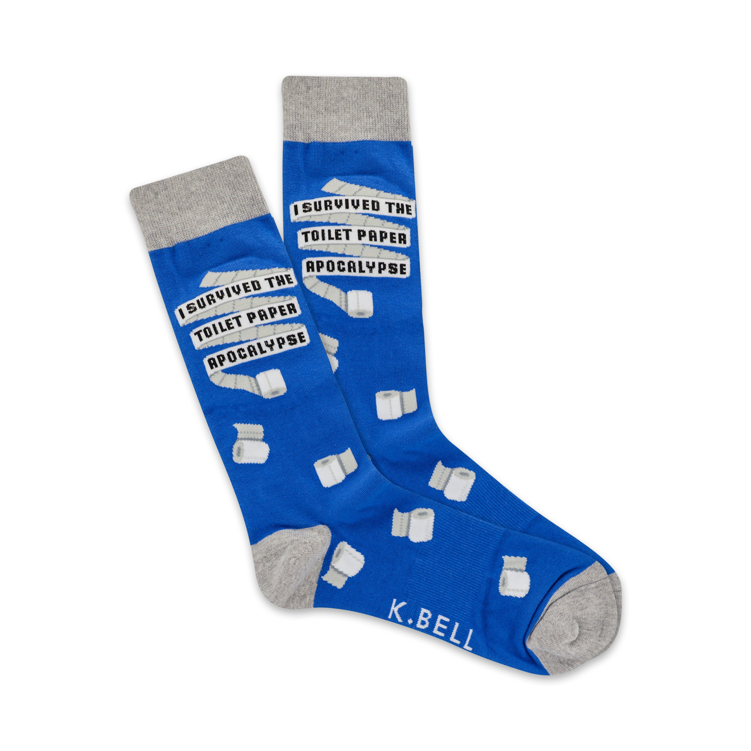 A pair of blue crew socks with a grey cuff.  They feature white toilet paper roll graphics and the text 'I survived the toilet paper apocalypse'.