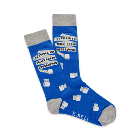 blue crew socks with 'i survived the toilet paper apocalypse' text, a soft tribute to the pandemic survivalists. 
