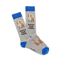 Pair of grey crew socks with a blue cuff.  Features a brown and white Pit Bull terrier image and the text 'Pitty the Fool' repeated.