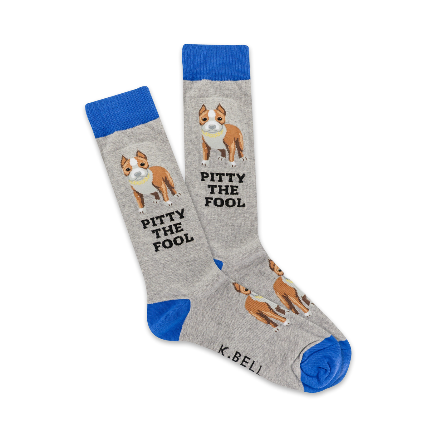Pair of grey crew socks with a blue cuff.  Features a brown and white Pit Bull terrier image and the text 'Pitty the Fool' repeated.