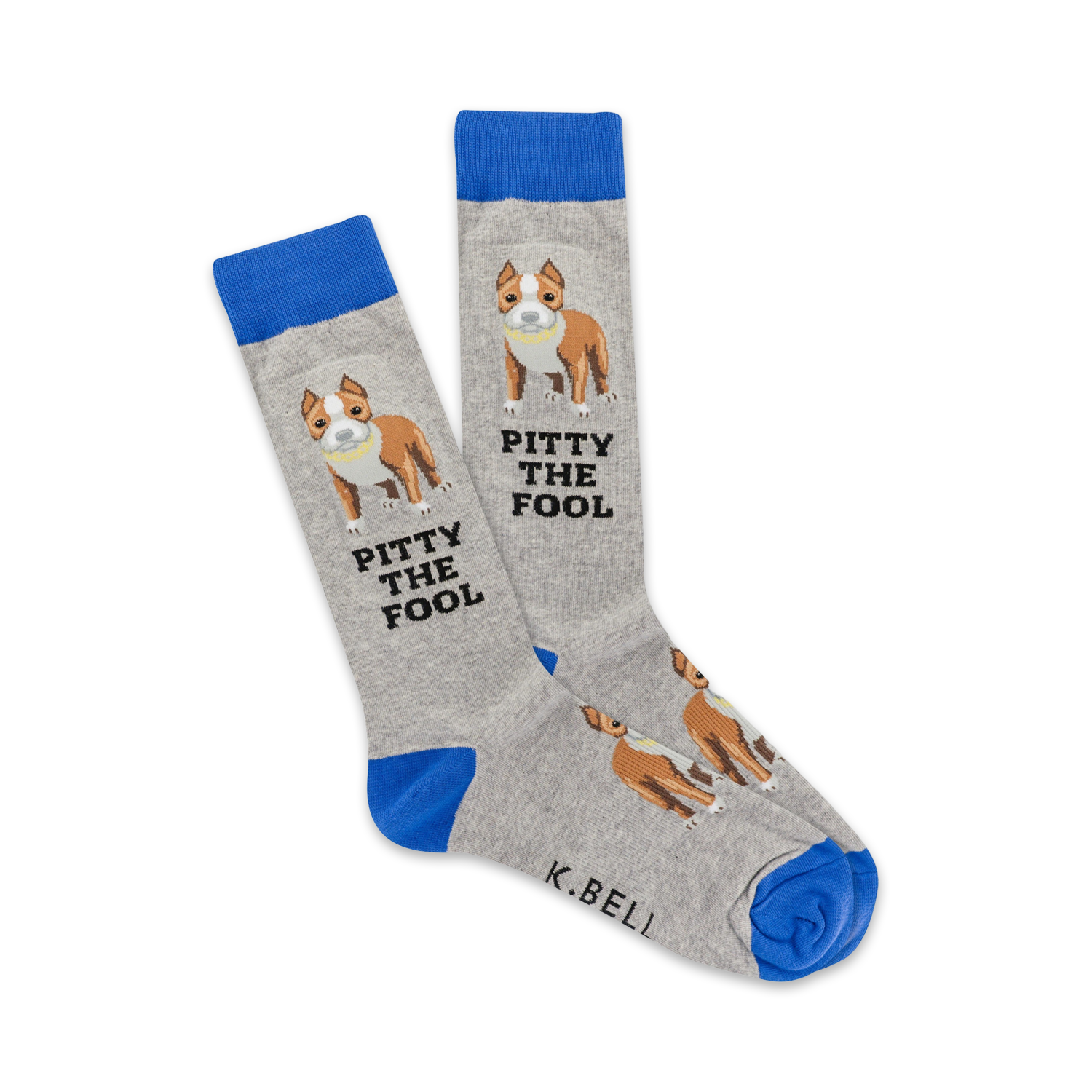 Pair of grey crew socks with a blue cuff.  Features a brown and white Pit Bull terrier image and the text 'Pitty the Fool' repeated.