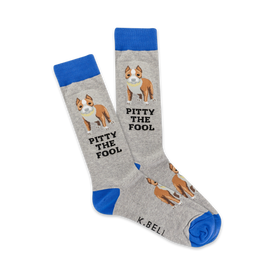 gray crew socks with blue band and cartoon pitbull, featuring 'pity the fool' text.  