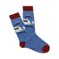 A pair of blue crew socks featuring a cool chinchilla wearing sunglasses. The socks have a maroon cuff and 'Chin Chillin' text.