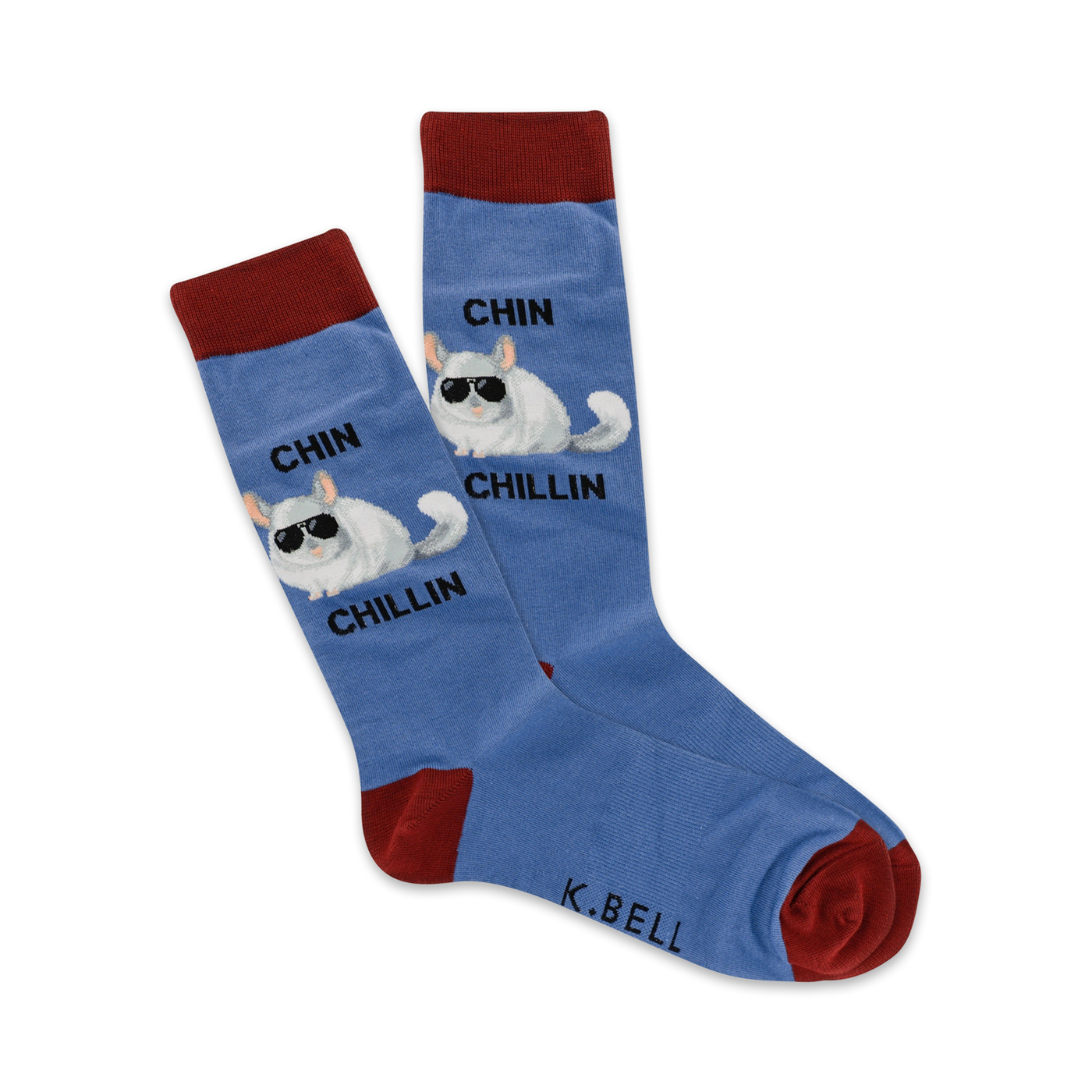 A pair of blue crew socks featuring a cool chinchilla wearing sunglasses. The socks have a maroon cuff and 'Chin Chillin' text.