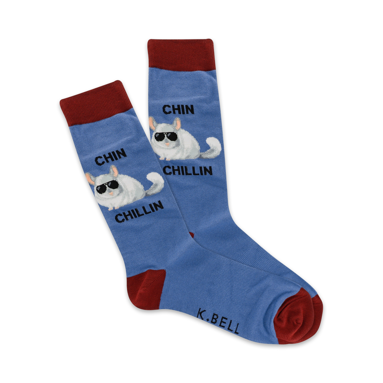 A pair of blue crew socks featuring a cool chinchilla wearing sunglasses. The socks have a maroon cuff and 'Chin Chillin' text.
