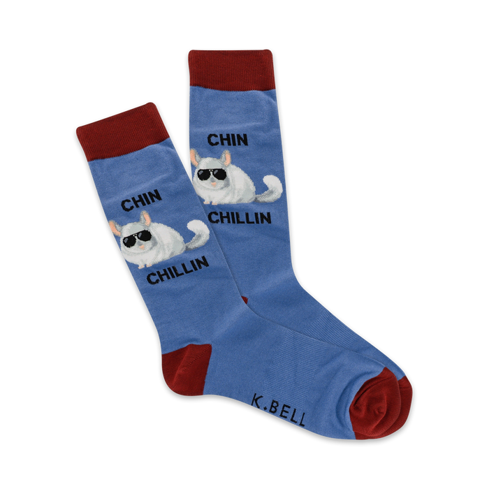 blue crew socks with cartoon chinchillas in shades for men.   }}